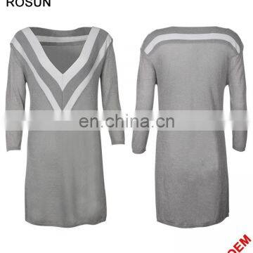 Ladies V-neckline Uniform Pattern Long Knit Dress in Gery