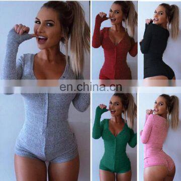 Wholesale sexy Deep v-neck button close rib stretach fabric long sleeve rompers bodysuit for womens