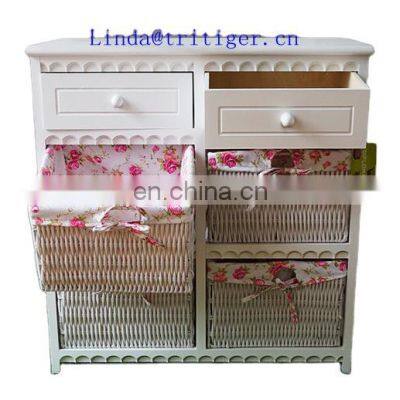 Factory wholesale solid paulownia MDF wood chest with wicker drawer storage cabinet