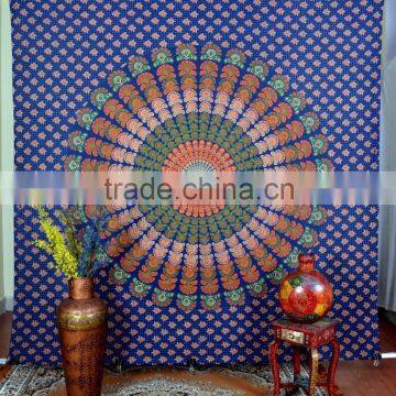 Indian Tapestry Cotton Mandala Print Blue Vintage Wall Hanging Multicolored Tapestries Throw Bedsheet