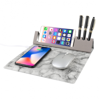 High Quality Smart Phone Wireless Charger PU Mouse Pad with Pen Slot for Laptop Use Multifunction Mobile Phone Holder