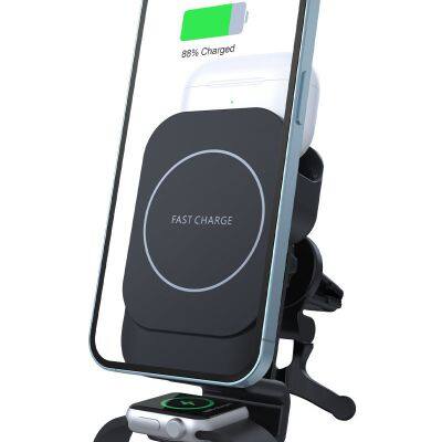 New Design 15w Magnetic Fast Charging Car Phone Mount 3 in 1 Wireless Car Charger for Phone Smart Watch Earpods