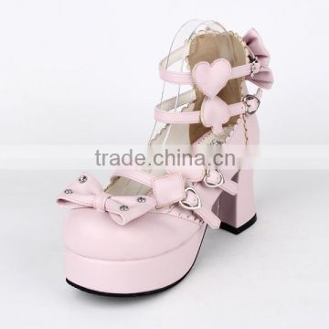 7.5cm Heel Pink Ankle Straps Bow PU sole Lolita Shoes