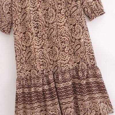 New French retro printed V-neck elegant slimming A-line layered decorative print MIDI dress