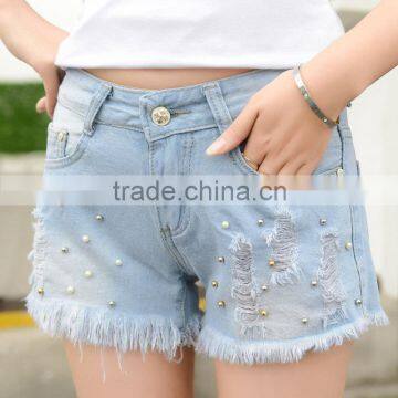 Denim shorts, wear ragged hole three shorts jeans pants with beads