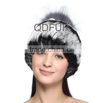 QD70094 Winter Bowler Hat Sexy Girl Rex Rabbit Fur hats with Silver Fox Fur Ball for Ladies