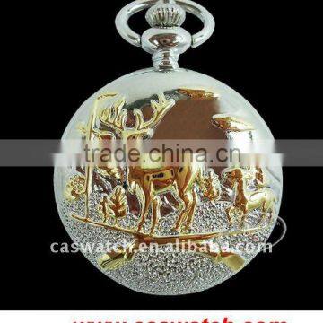 Forest deer pendant watch with pattern gold-plated