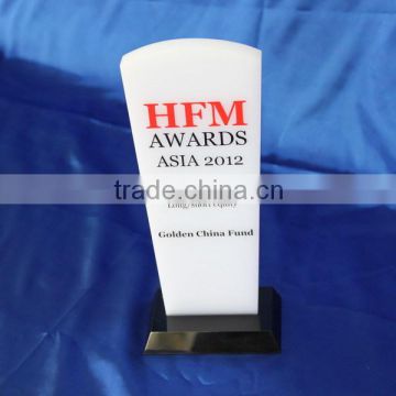 white acrylic award printing logo, custom shaped award with black base