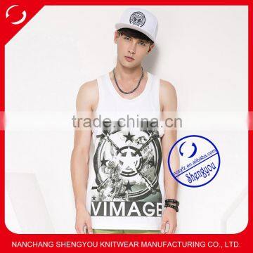 2015 fashion design custom wholesale 100% cotton mens printed tank top