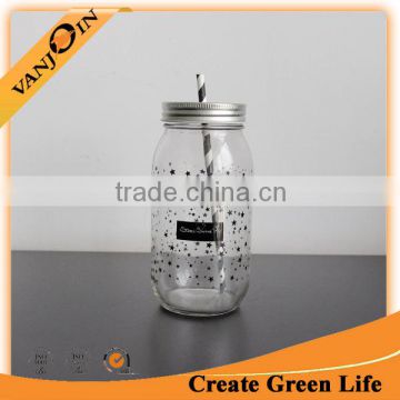 25oz Round Glass Mason Jar With Black Cap Paper Straw