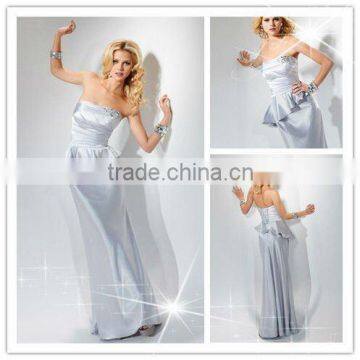 Silver Strapless Sheath Ruffles Floor Length Beaded Bridesmaid Wedding Dresses P4633