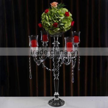 Hot wholesale 5 arm glass candelabra centerpiece with flower bowl