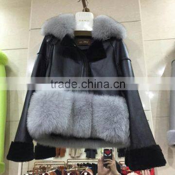 Hot Sale Cool Style Ladies Real Black and Grey Fox Shearing Fur Women Leather Jacket