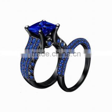 European Style Large Square Zircon Blue Gem Stone Black Gold Filled Ring Sets For Lovers