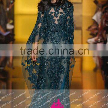 E27 Fashion New Arrival See Through Dark Green O Neck Long Lace Appliques Embroided Tulle Heavy Beaded Evening Dresses