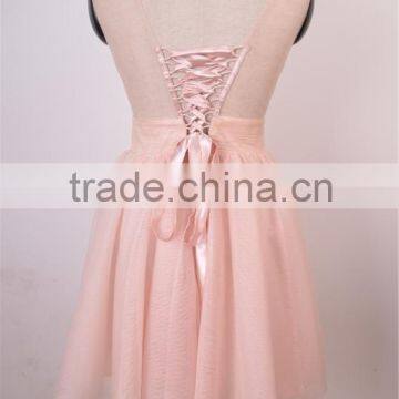 Sleeveless Cute Gril Pink Party Evening Dress Mesh Fabric With Beading 2016 Garment Factory photo-3
