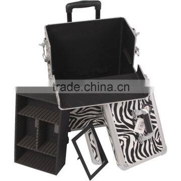 Zebra Pattern Professional Aluminum Rolling Cosmetic Case Makeup 4-Wheel Trolley photo-3