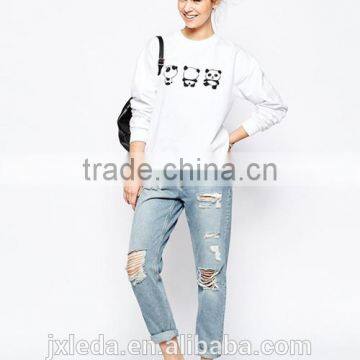 Ladies crew neck cute panda print white sweatshirt