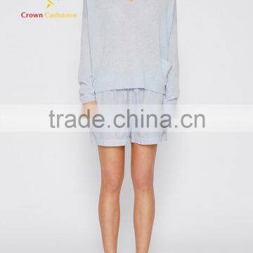 Ladies Deep V Neck Light Blue Cashmere Pullover Sweater photo-3