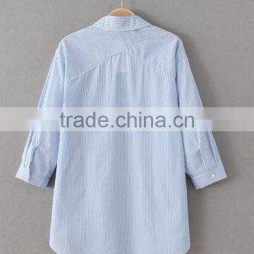 Runwaylover EY2326B 2017 Latest Blouse Design Women's Blue Striped Cold Shoulder Tie Sleeve Shirt photo-3