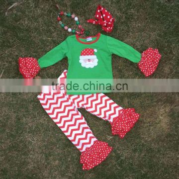 2T-7 Christmas Santa outfits new girls design green top red chevron pant with matching necklace and headband set