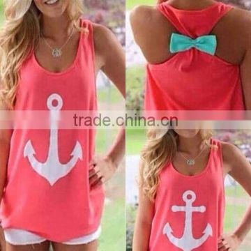 2015 new Fashion Women Summer Anchor print Vest shirts sexy backless Casual Tank Tops free shipping anchor tank with bow