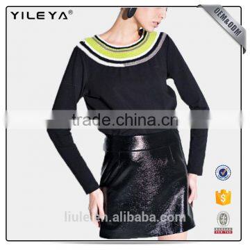 Women Fashion Black Casual T-shirts With Colorful Neckline Design photo-2