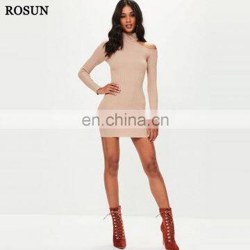 China manufactory 100% viscose cut away shoulder sexy bodycon fit sweater dress