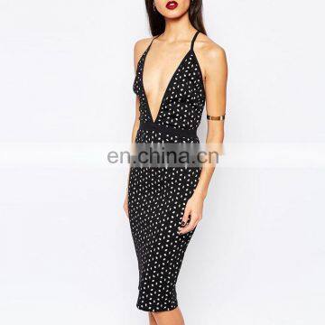 Fashion Apparel Open Hot photo Spotted Plunge Neck Backless Cocktail Dress