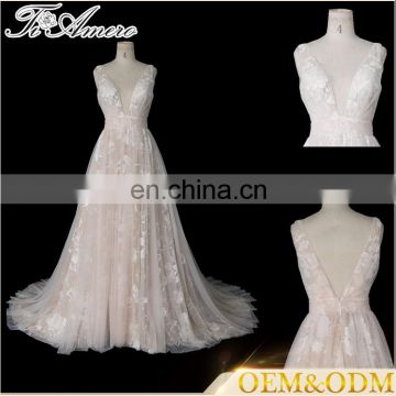 Tiamero peach color party wine deep V backless wedding gowns evening dress ball