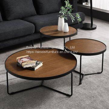 Modern living room round wood top metal leg tea table set