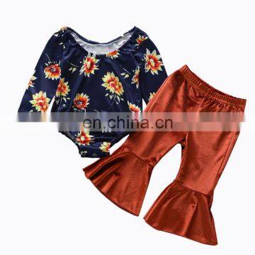 New fashion Toddler Baby Girls Clothes set Floral Printed long sleeves romper Tops with long flared trousers Outfit Set