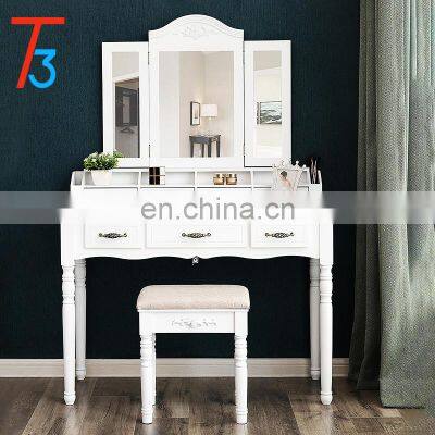 vanity table set, tri-folding necklace hooked mirror 6 organizers makeup dressing makeup desk with drawers cushioned stool