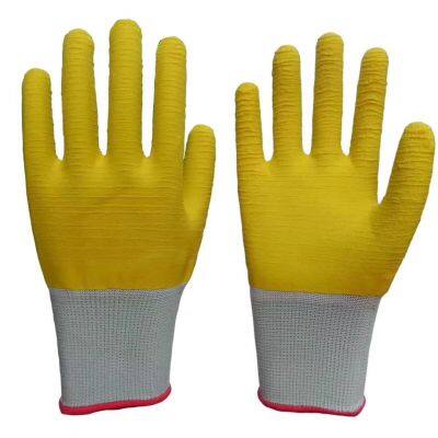 white polyester thread 13 gauge knitted yellow sea wave wrinkled latex hand full coated safety work gloves