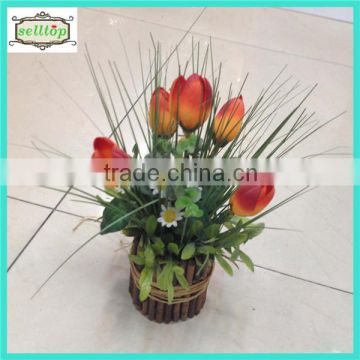 18cm 7heads silk tulip artificial plant bonsai with bamboo pot