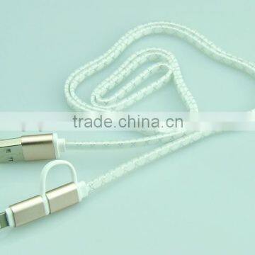 new design 2 in 1 double micro USB data cable for Iphone/Ipad,Samsung and other Android phone