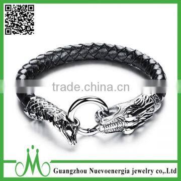 Gorgeous Dragon Head Clasp Design Silver Leather Braided Bracelets For Men