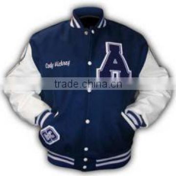 Varsity/Letterman/College Jacket Blue/White made of Melton wool body with Leather Sleeves