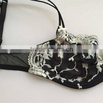 Black Net Yarn Embroidery Thin Bra photo-3