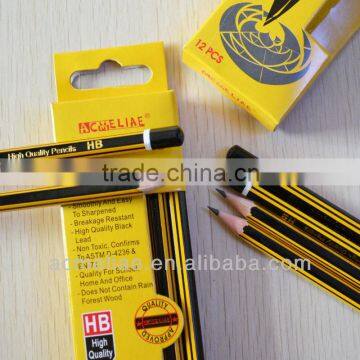 7" standard size hexagonal shape black and yellow striped graphite HB pencil sharpened with dipped end