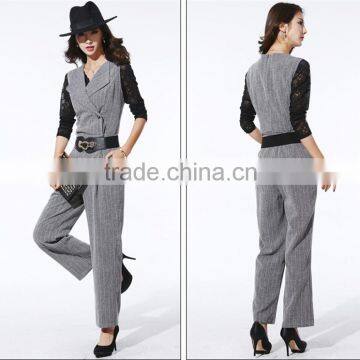 OEM 2015 Winter Lastest Design New High Waist Playsuits with Belt Fashion OL Long Romper Sleeveless Women Jumpsuits