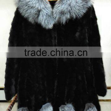 Mink fur coat with silver fox collar for women winter