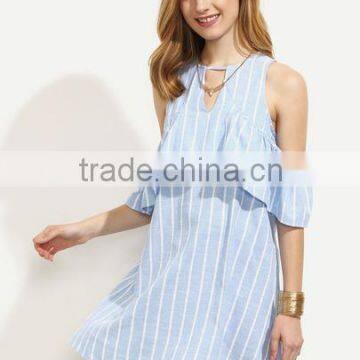 Dresses latest women girl design fashion photos Blue Striped Cutout Ruffle Cold Shoulder Dress