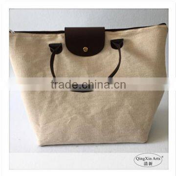 OEM production eco-friendly large capacity white cotton&linen hand bags with leather handle