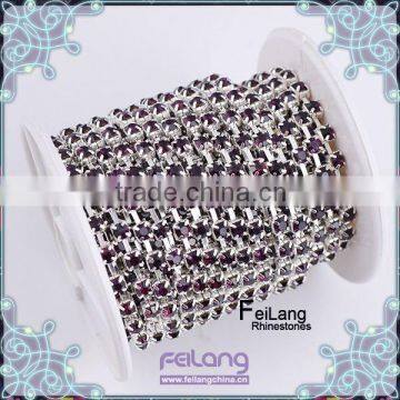 Amethyst clear cup rhinestone chain silver claw,MOQ 50m paypal accepted,wholesale rhinestone chain