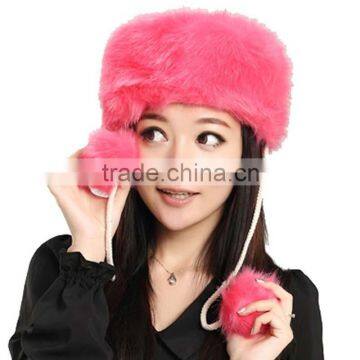 2015 hot sale popular female red faux fur hats with pom pom