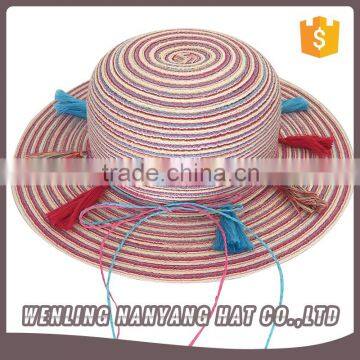 Kids Multi-colors Large Brim Tassel Rope Chain Girls Beach Straw Sun Hats