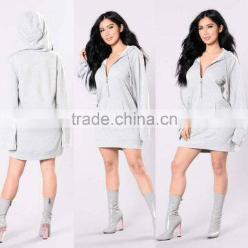 High End Fashion Wholesale Clothing French Terry Kangaroo Pocket Drawstring Detail Front Zipper Women Light Weight Tunic Hoodie