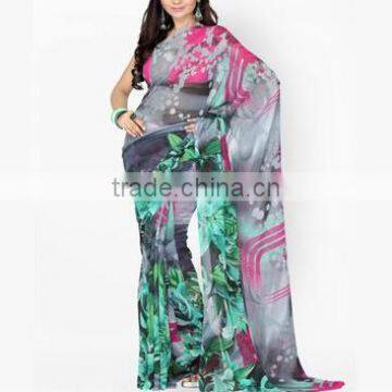 2016 Indian Traditional Saree Print Series Chiffon Long Irregular Women Dress photo-5