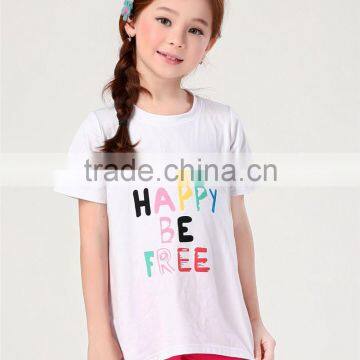 Hot sale long style girls white print letters short sleeve T-shirt with 100% cotton fabric